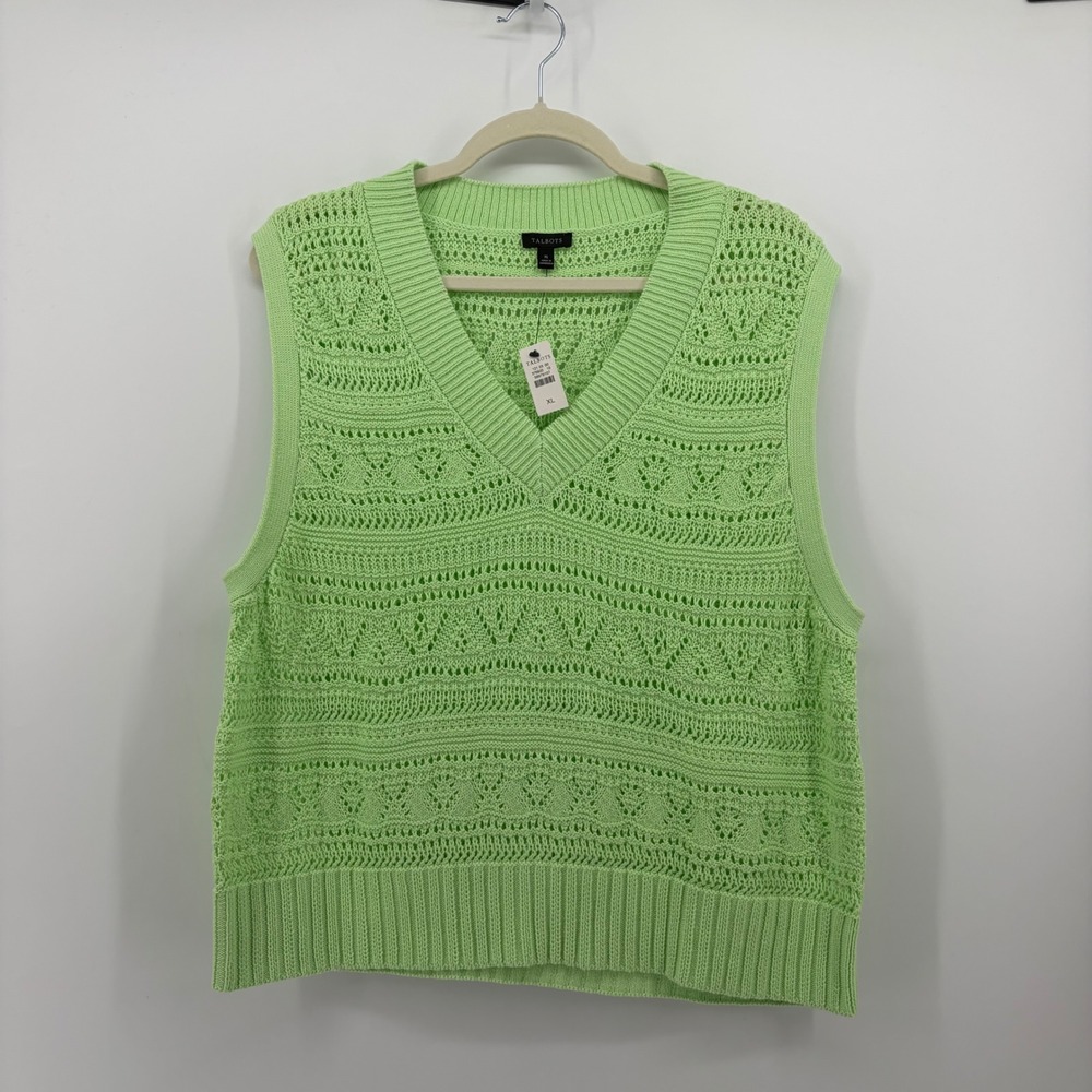 Talbots Womens XL Green Sweater Vest Pointelle Knit Cotton V-Neck Sleeveless